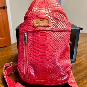Red Arcias Leather Sling Bag Shoulder Bag with Embossed Snakeskin Pattern